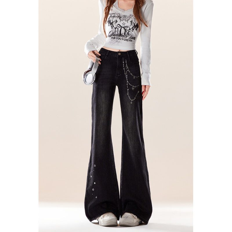 自然涩设计感拉链印花微喇牛仔裤女秋冬季美式高腰修身喇叭长裤子