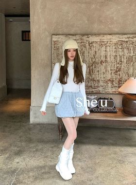 SHE U十三行韩系甜美风松紧腰花苞半裙2025秋冬新款显瘦百搭短裙