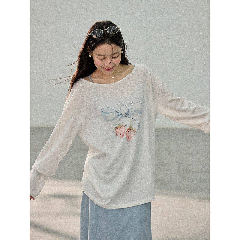 【风与蝶序】歌铭韩式蝴蝶结春季通勤休闲印花露肩长袖T恤女BD126