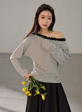 【歌铭】复古木耳边一字肩条纹t恤女装2026春季新款长袖上衣BD002