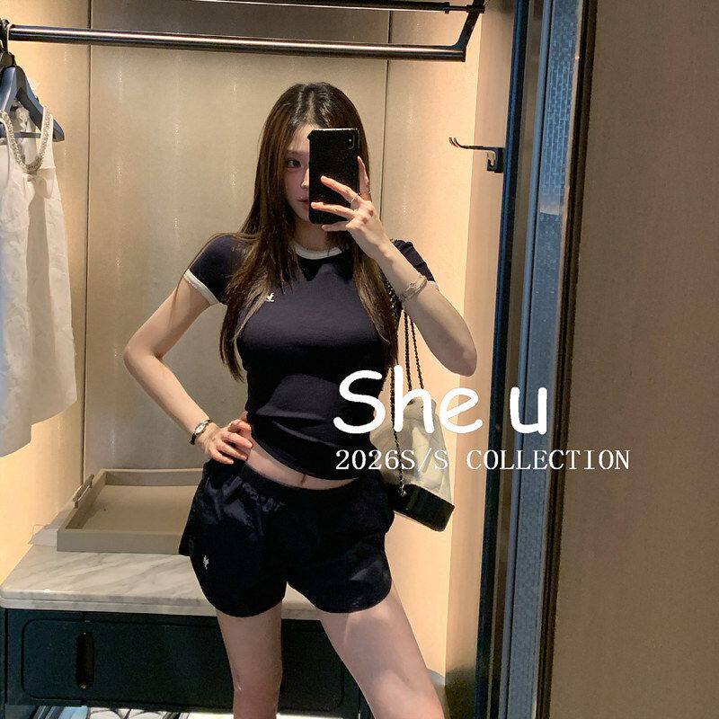 SHEU韩系少女风撞色刺绣T恤女夏