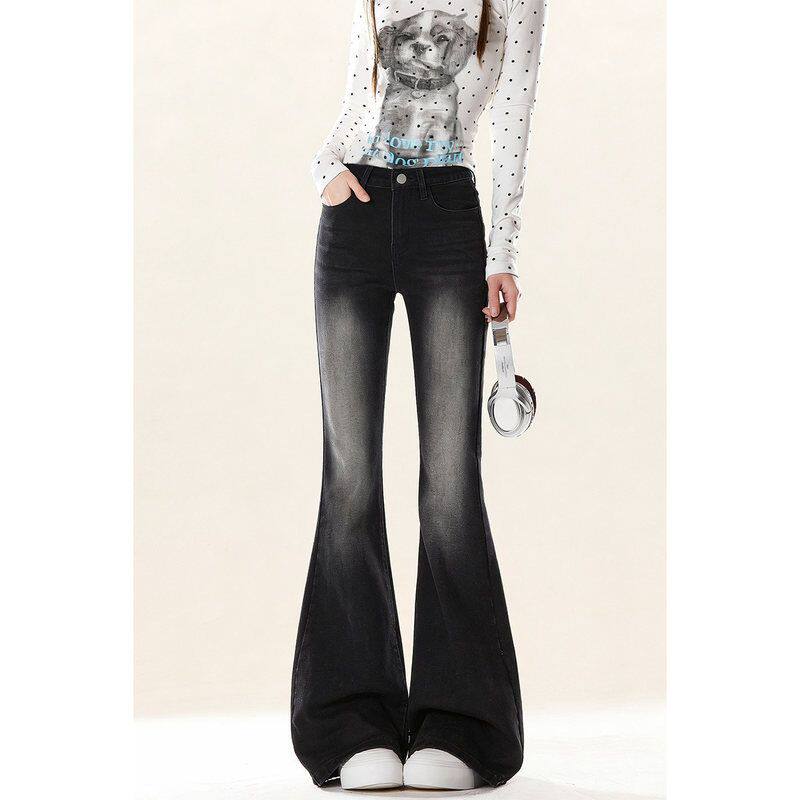 自然涩黑色微喇叭牛仔裤女春秋季新款美式垂感显瘦加长阔腿裤子冬