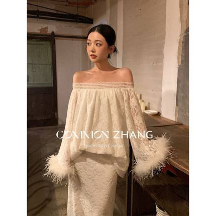 CZ ZHANG名媛风一字领网纱蕾丝小衫女宽松休闲年会礼服上衣B43337