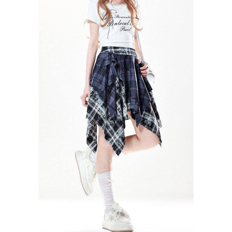 自然涩日系格子衬衫裙女夏季新款不规则中短裙艺术生叠穿半身裙子