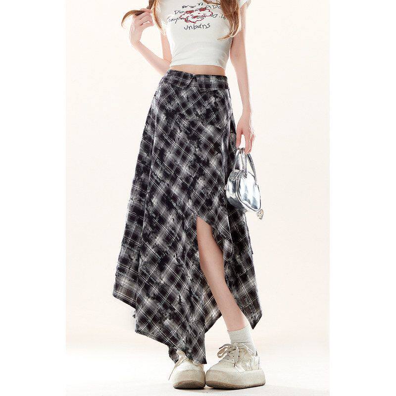 自然涩日系格子裙女夏薄款开叉