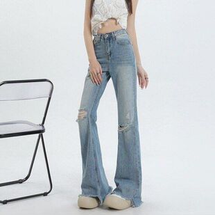 JZ破洞牛仔裤女春夏高腰显瘦毛边破洞喇叭裤女春拖地裤薄款乞丐风