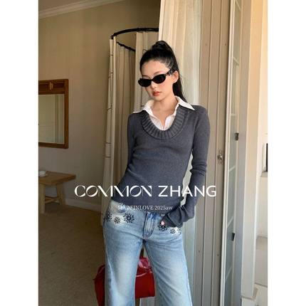 CZ ZHANG秋冬款假两件衬衫领羊毛针织衫女修身百搭休闲毛衣B45261