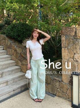 SHE U十三行韩系简约风抽绳纯色长裤2026夏新款百搭大口袋休闲裤