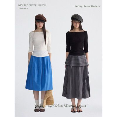 歌铭一字肩收腰t恤女装春季上衣