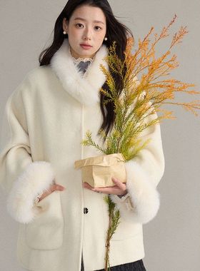 【歌铭】复古可拆卸毛毛双面呢子大衣女装冬季长款羊毛外套N984C