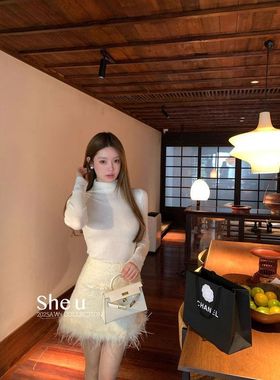 SHE U 十三行羊毛裙子2025冬季款时尚百搭千金毛毛下摆毛呢半身裙