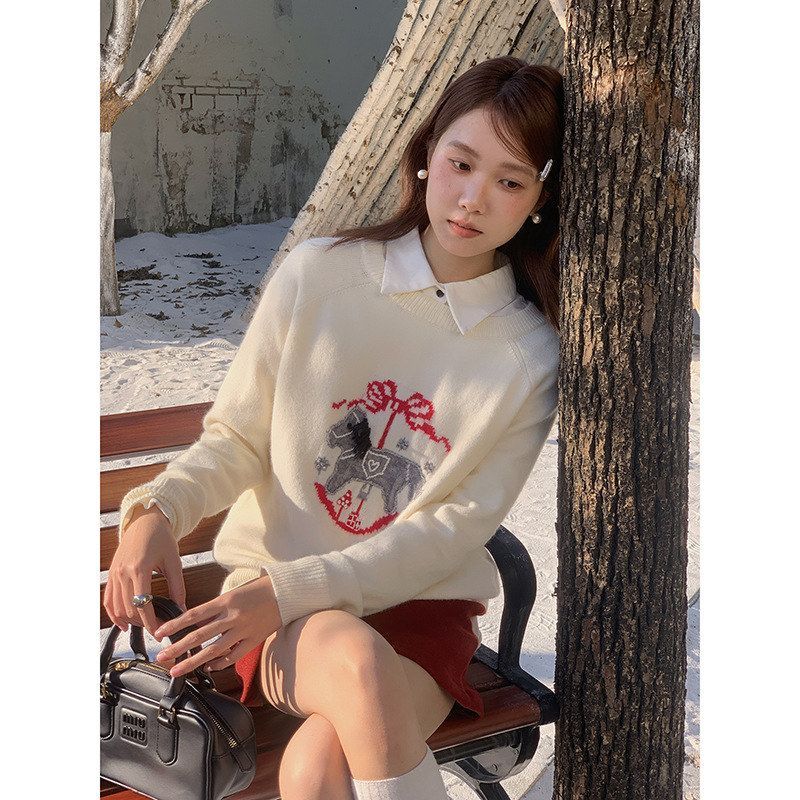 APXIVI马年特定小马提花圆领毛衣