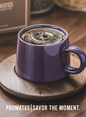 Promates紫色杯子陶瓷咖啡杯女士高颜值马克杯黑胡桃木高级礼盒装