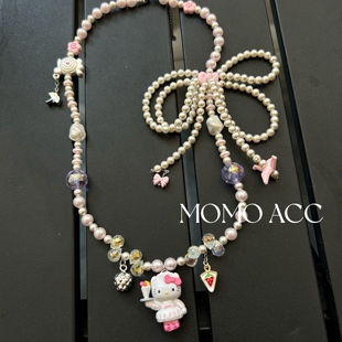 265超粉嫩举冰激凌 凯蒂猫奶油色串珠立体蝴蝶结可爱项链