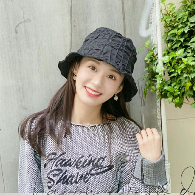 郑合惠子同款褶皱蕾丝黑色渔夫帽女春夏新款薄款盆帽明星网红帽子