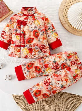 宝宝手工棉衣冬季新款男童女童加厚保暖儿童棉花棉袄棉裤婴儿套装