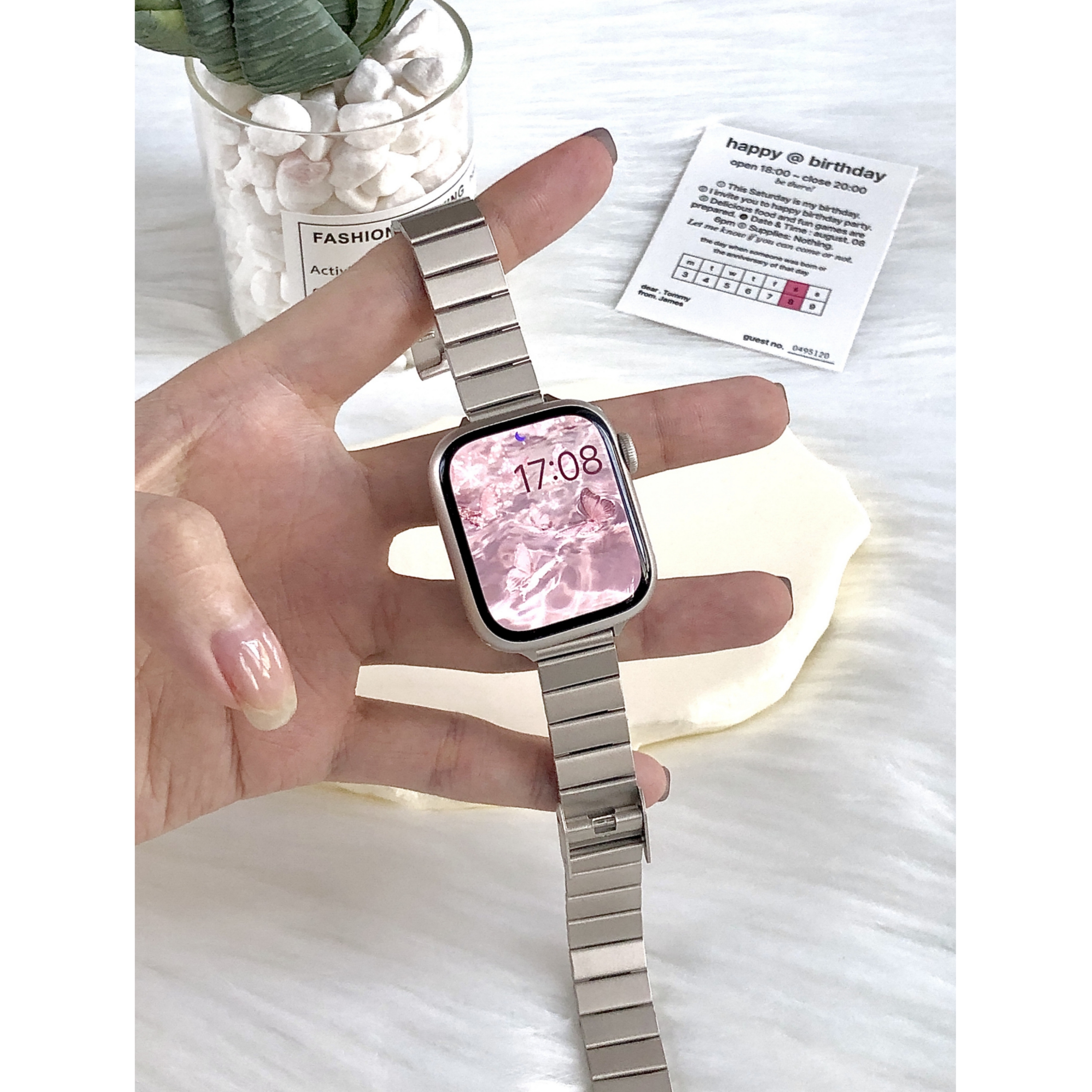 适用AppleWatchS109表带8细边一株钢带7苹果手表iWatch夏天SE金属