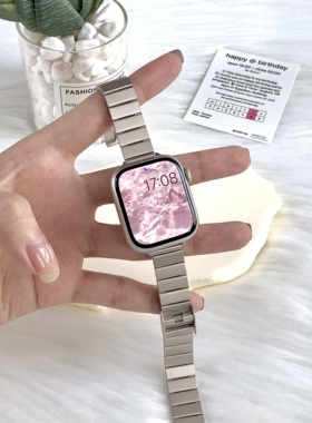 适用AppleWatchS11表带109细边一株钢带苹果手表iWatch夏天SE金属