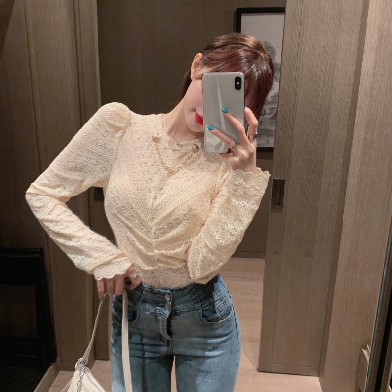 Real shot ~ neckline chain hook flower hollow out pleated lace long sleeve top fashion bottoming top fashion girl autumn