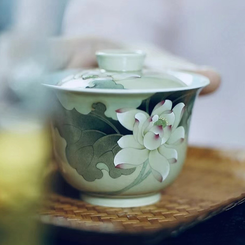 景德镇品墨善雅纯手工手绘釉上彩荷花盖碗古香古色高温釉二才盖碗