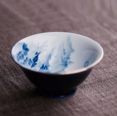 品墨善雅景德镇茶杯陶瓷青花茶具正品功夫茶杯手工单杯祭蓝山水杯