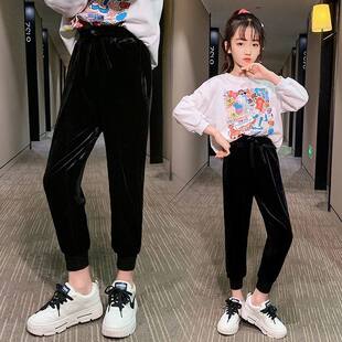 金丝绒女孩运动裤 女童春秋裤 洋气韩版 中大童秋装 子儿童休闲束脚裤