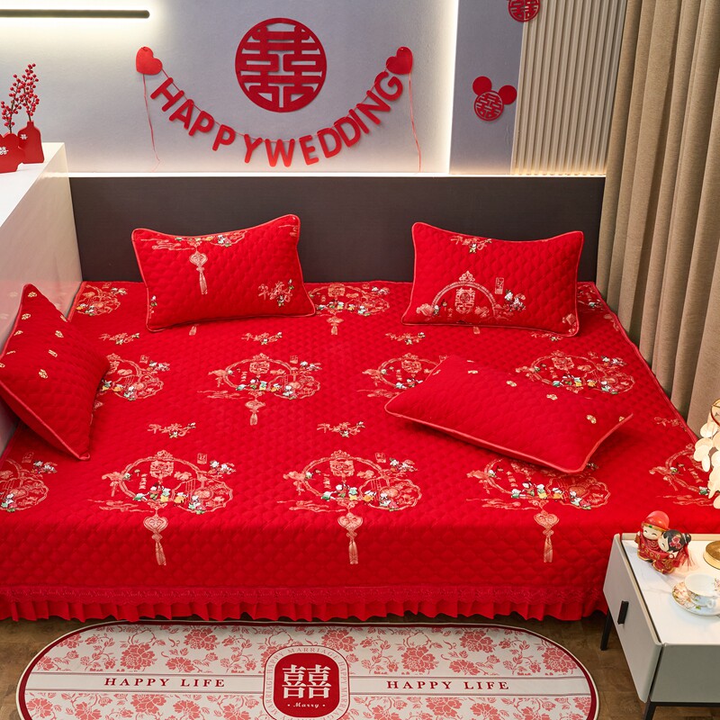 纯棉榻榻米床单新款婚庆高端全棉磨毛加棉绑带大红床盖土炕单垫罩