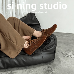 牛皮版~冬新款复古内增高德训鞋女百搭拼色运动鞋系带休闲阿甘鞋