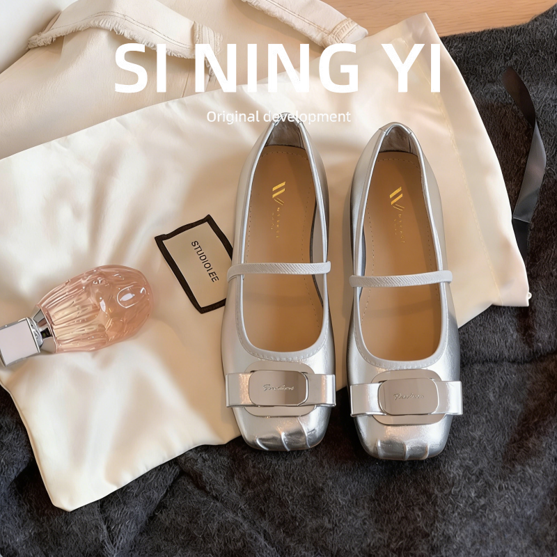 银色单鞋女春季新款配裙子平底芭蕾鞋一字带法式平底玛丽珍鞋大码,女鞋,玛丽珍鞋,淘宝优惠券,粉丝福利购,淘宝优惠卷