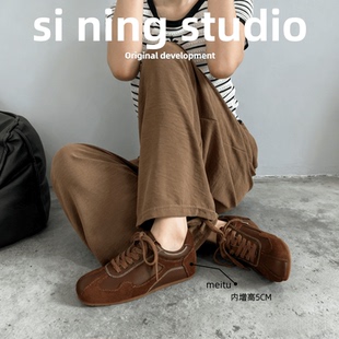 牛皮版~冬新款复古内增高德训鞋女百搭拼色运动鞋系带休闲阿甘鞋