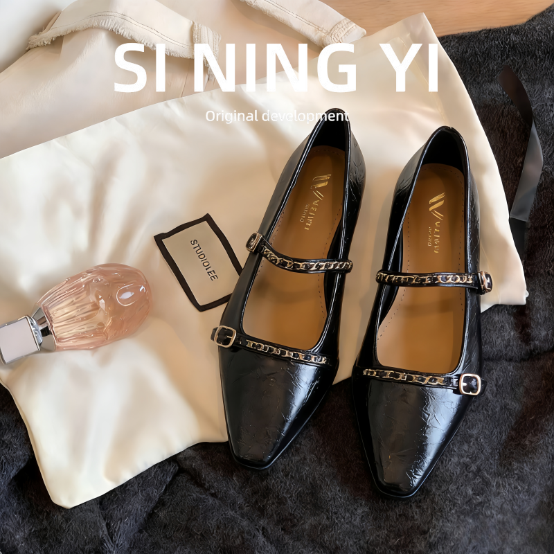 羊皮版玛丽珍鞋女春季新款配裙子黑色小皮鞋尖头粗跟浅口单鞋大码,女鞋,浅口单鞋,淘宝优惠券,粉丝福利购,淘宝优惠卷
