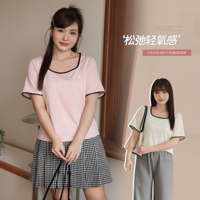 韩版正肩撞色刺绣蕾丝拼接上衣女胖mm大码宽松显瘦短袖T恤SC65230