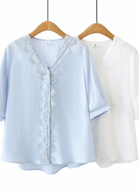 【特】胖妹妹2026夏季新款气质轻薄蕾丝花边V领五分袖衬衫女0116