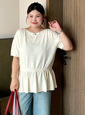 大码女装气质一字领荷叶边短袖T恤女2026夏款胖mm冰丝针织衫23919