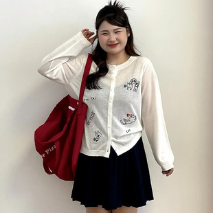 大码女装圆领刺绣针织开衫女长袖外套2026夏款mm薄款上衣女V23852
