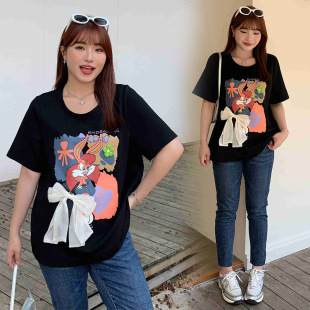 女装 减龄宽松遮肚藏肉短袖 3272 女士t恤微胖潮正肩圆领印花衫 大码