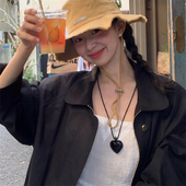 feve同款 WITH 甜酷时髦皮革爱心黑绳项链桃心可调节长毛衣链