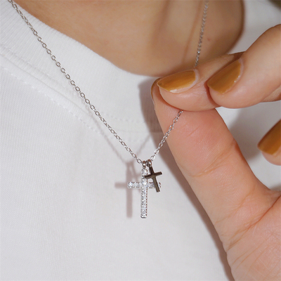 不掉色钛钢个性双十字架项链女