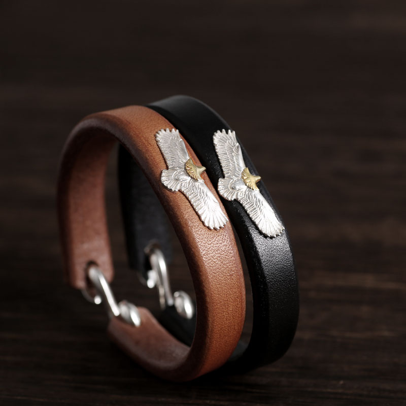 三沐高桥吾郎 菊地健铜头纯银迷你鹰日本枥木鞍革牛皮潮男女手环