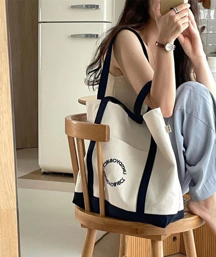 单肩包撞色托特包韩版帆布包