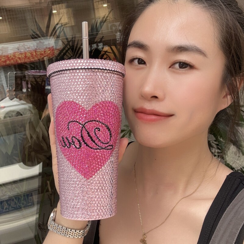 爱心吸管杯子闪亮手工贴钻水杯