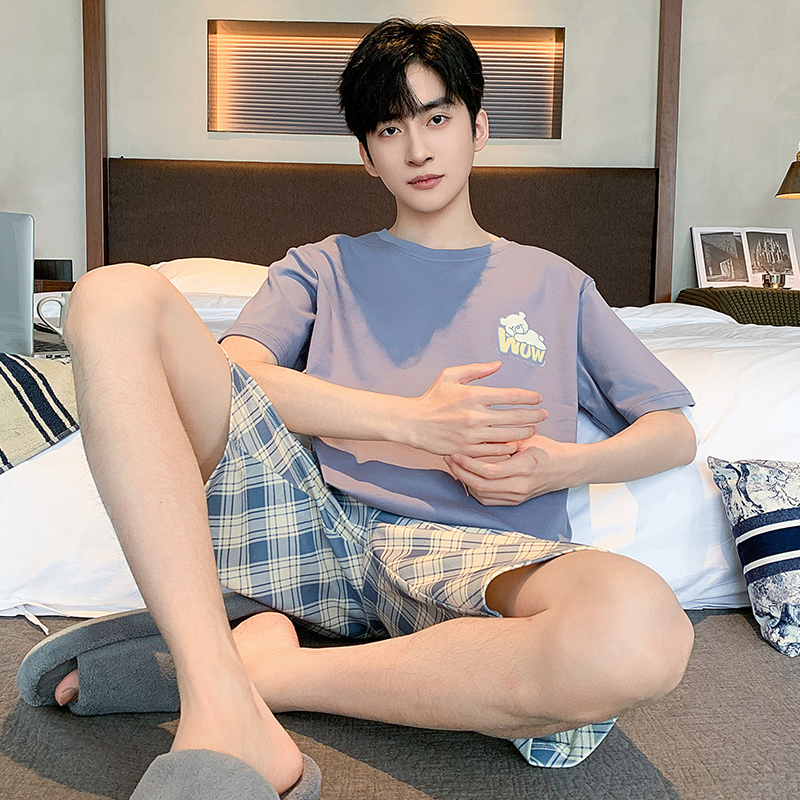 睡衣男款夏季纯棉短袖短裤薄款大码青少年可外穿家居服套装