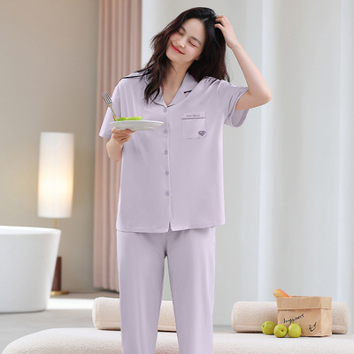 睡衣女款夏季纯棉短袖长裤套装女士2025新款休闲简约可外穿家居服
