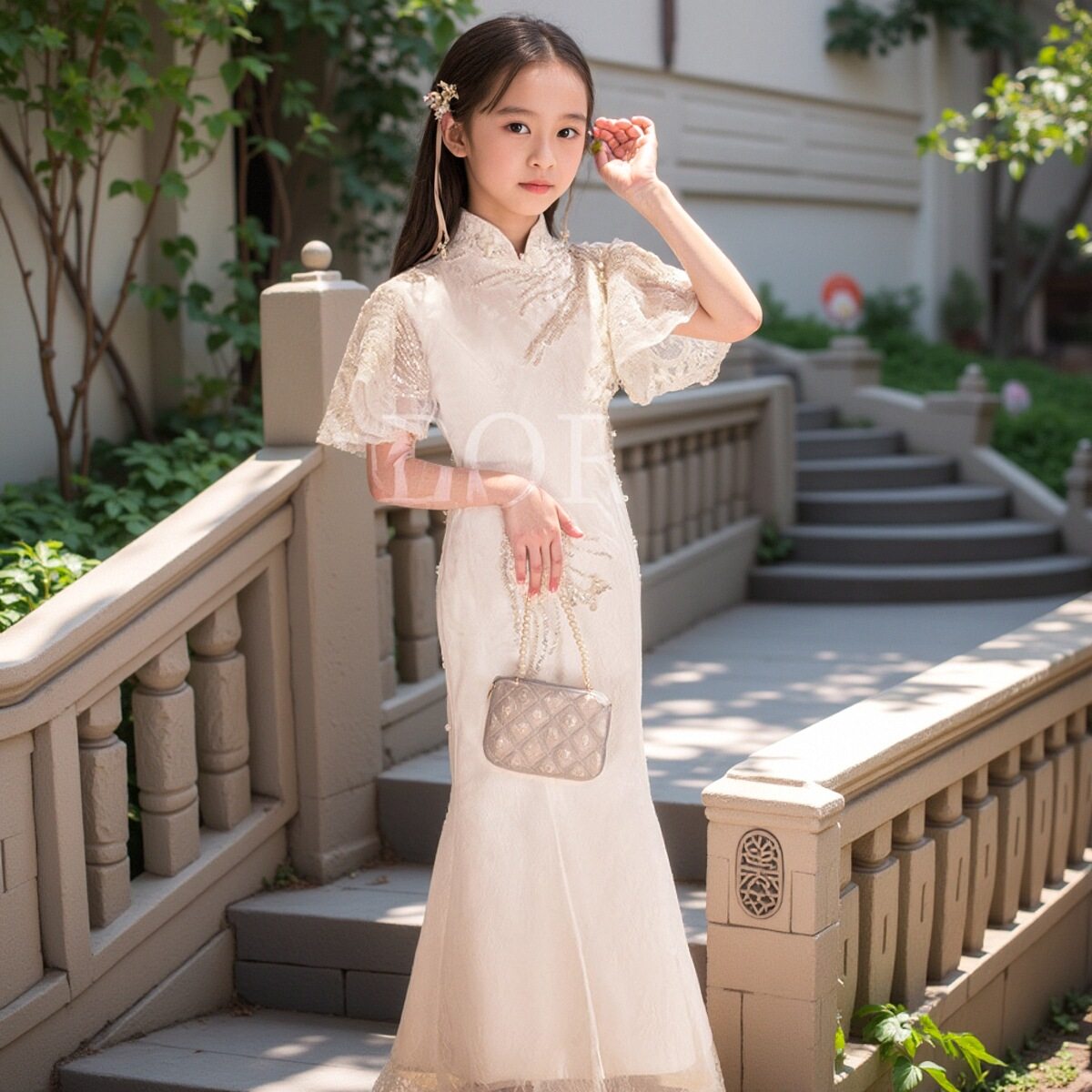 女童旗袍裙儿童白色中国风修身礼服公主裙女孩主持古筝高端演出服