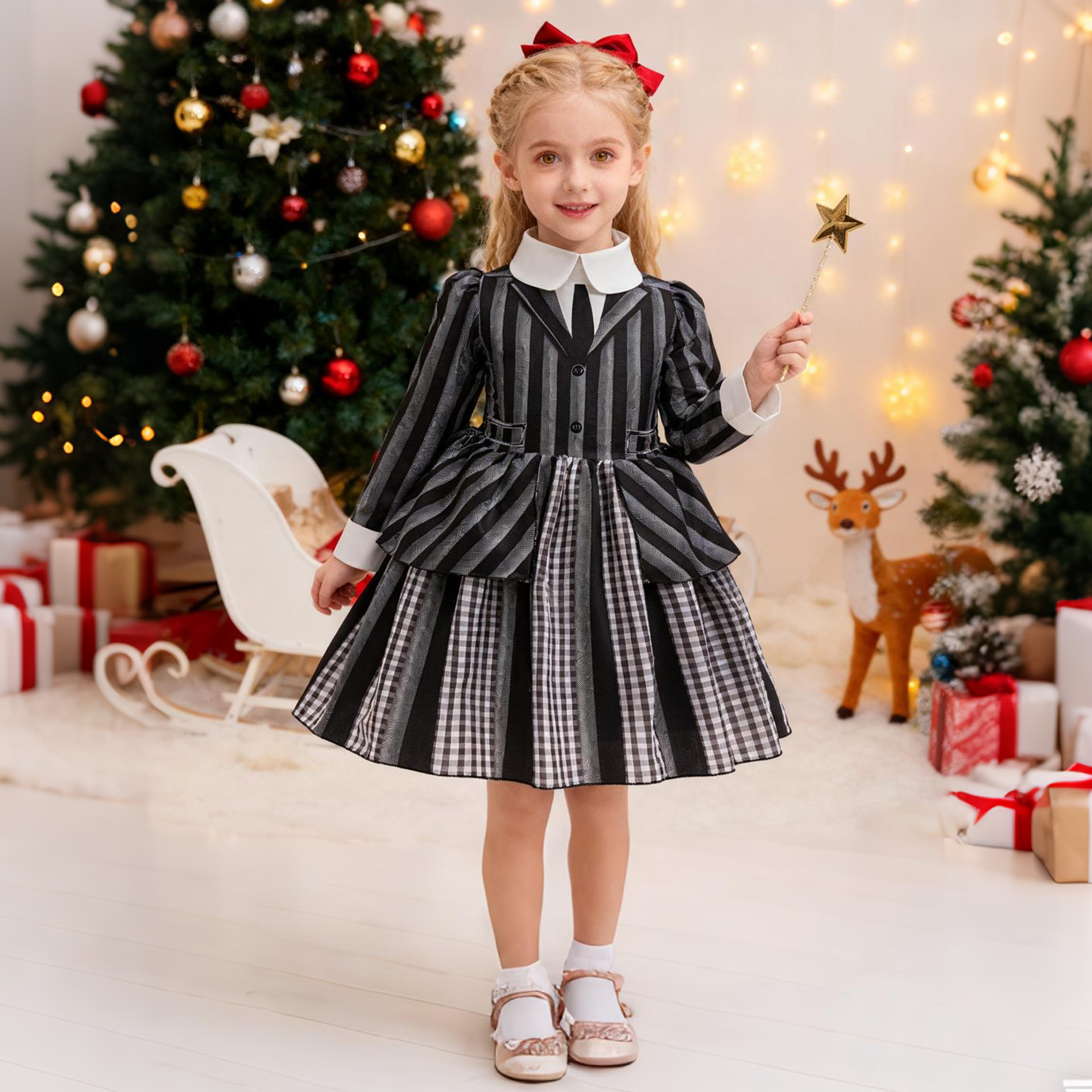 女童演出礼服儿童黑色长袖连衣裙