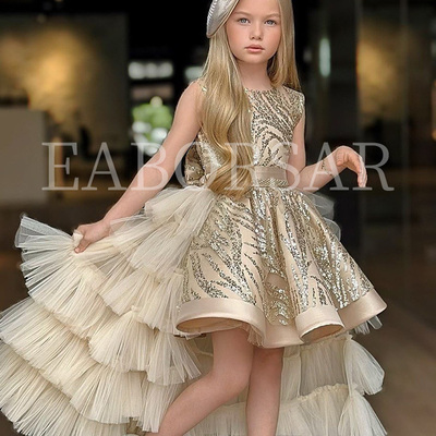 儿童拖尾礼服裙亮片网纱公主裙