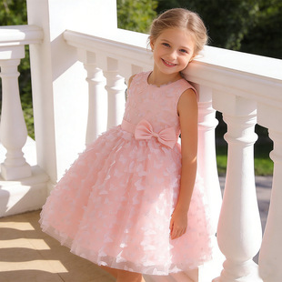 儿童礼服粉色无袖花童女童生日网纱公主裙日常可穿洋气女孩演出服