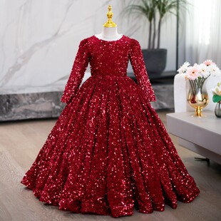女童生日礼服连衣裙红色亮片儿童长袖公主裙大童小主持高端演出服