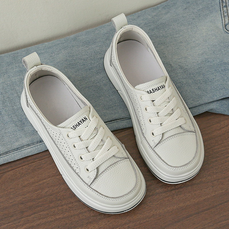 头层牛皮一脚蹬懒人小白鞋子女夏镂空透气轻便女单鞋运动休闲板鞋
