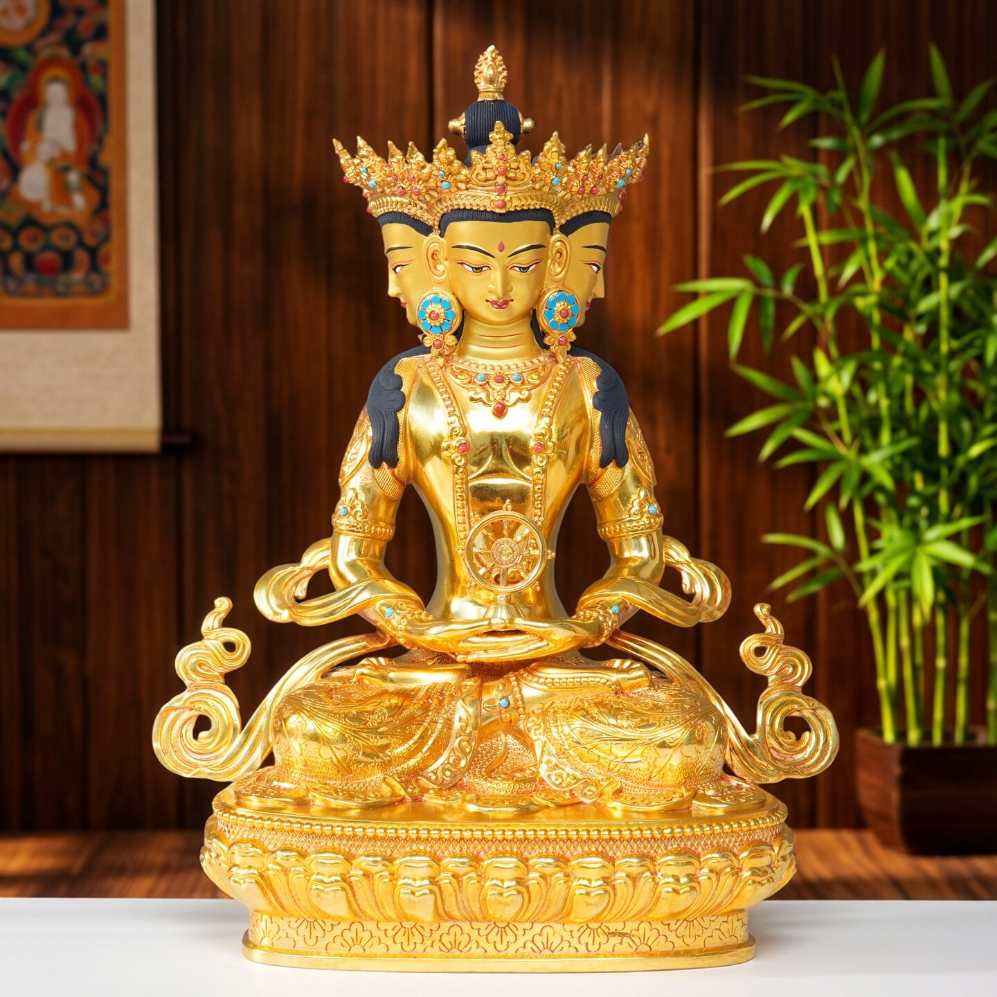 藏式纯铜金色大日如来菩萨佛像尼泊尔工艺佛像藏密宗手工錾刻家用